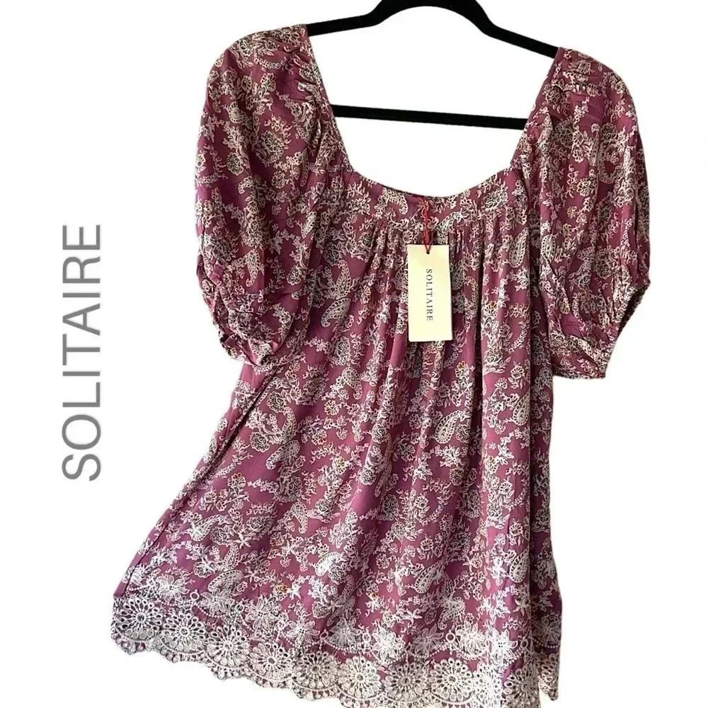 SOLITAIRE | BOHO PEASANT BLOUSE EMBROIDERED BALLOON SLEEVE TOP | SIZE: MEDIUM